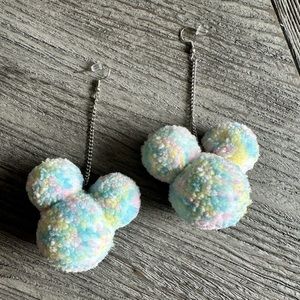 Disney Handmade Rainbow Thread Pom Pom Mickey silhouette earrings